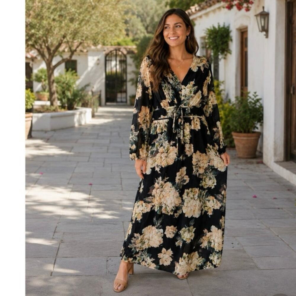 Hayden Los Angeles Floral Maxi Dress Black Boho Wrap Long Sleeve Size Large